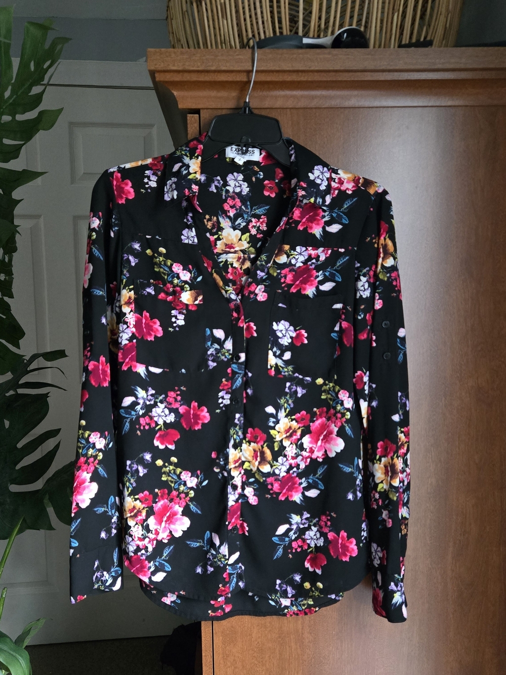 Express Black Floral Button-Down Shirt with Pink & Yellow Blooms
